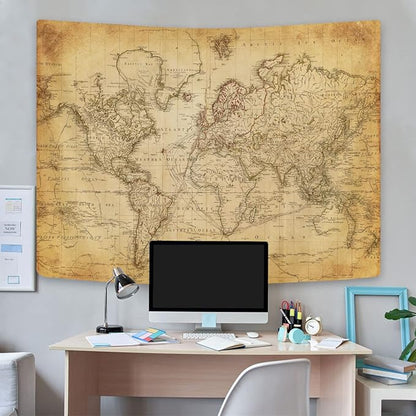 Old World Map Tapestry, Vintage Geographical Distribution Wall Hanging, Brown Historical Atlas Educational Poster for Wall Classroom Bedroom Living Room Office 60x40 Inch