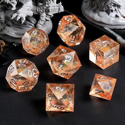 Liquid Sharp Edge D&D Dice,DNDND 7PCS Liquid Filled Risin DND Dice with Gift Case for Dungeons and Dragon Game (Light Orange)