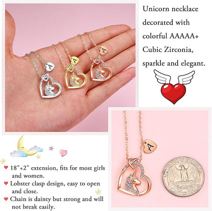Hidepoo Unicorn Necklace Gifts for Girls - Colorful CZ Heart Pendant Initial Unicorns Necklaces for Teens Little Girls Jewelry Birthday Gift for Girl Daughter Granddaughter Niece