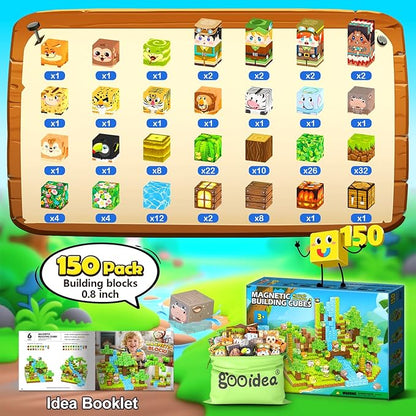 150 Magnetic Blocks – Mine Magnet Game Building Craft, STEM Constructions Toy, Jungle Animals, Sensory Stacking Cubes Kids Toys, Christmas Birthday Gifts for Boys Girls Age 3-5, 5-7, 4-8, 8-12