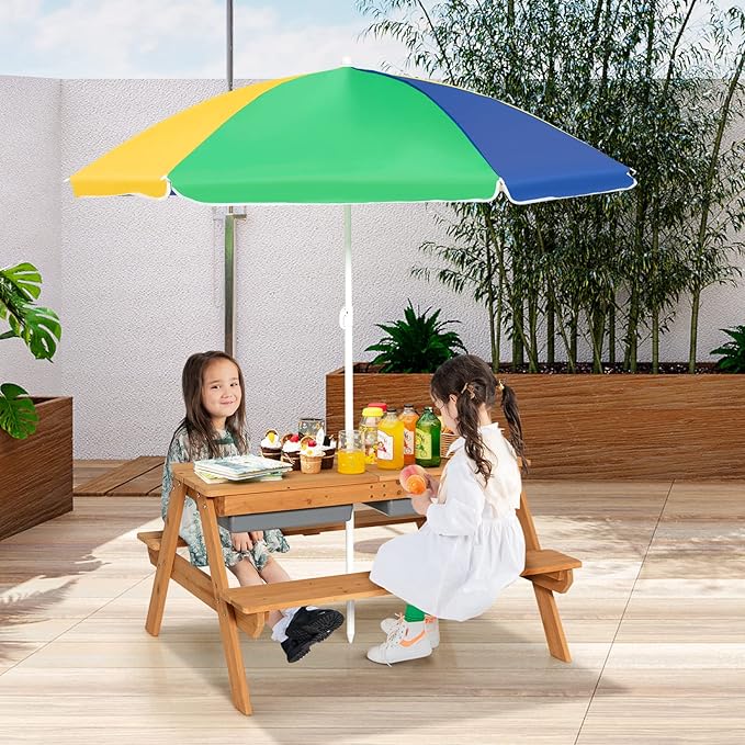 HONEY JOY Kids Picnic Table, 4 in 1 Cedar Wooden Sand & Water Table w/ 2 Removable Box & Umbrella, Kids Picnic Tables for Outdoors Backyard Garden, Toddler Patio Furniture Set for Boys Girls(Colorful)
