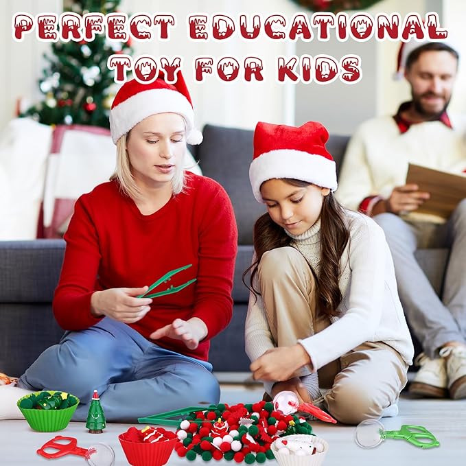 360 PCS Christmas Sensory Bin Filler Winter Sensory Bin Items 240 Pompoms 90 Felt Christmas Tree 17 Resin Xmas Tree 6 Cups 6 Tweezers 1 Storage Box for Winter Xmas Sorting Counting Training