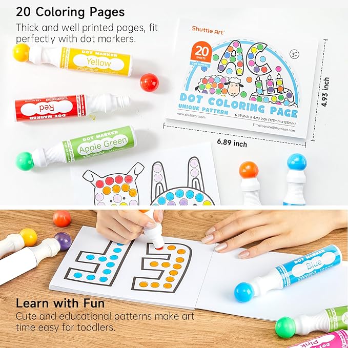 Shuttle Art Dot Makers, 12 Colors Bingo Daubers with 20 Unique Patterns of Dot Book for Toddler Art Activities, Non-Toxic Washable Coloring Markers for Preschool Kids Learning