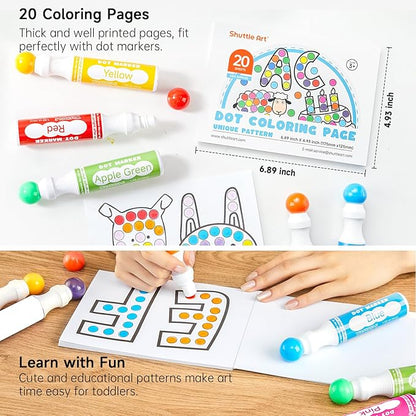 Shuttle Art Dot Makers, 12 Colors Bingo Daubers with 20 Unique Patterns of Dot Book for Toddler Art Activities, Non-Toxic Washable Coloring Markers for Preschool Kids Learning