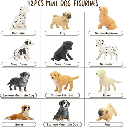 Toymany 12PCS Mini Dog Figurines Playset, Realistic Detailed Plastic Puppy Figures, Hand Painted Emulational Tiny Dogs Animals Toy Set, Cake Toppers Christmas Birthday Gift for Kids Toddlers