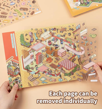 Sticker Book, 6 Sets DIY 3D House Stickers, Fun DIY Stickers Scene Make Your Own Mini House Cute Cartoon Animal Scene Sticker for Kids Adult Sticker Art Relief Stress Pass The Time