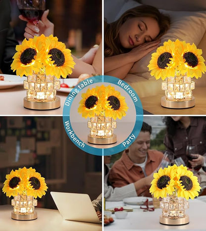 Sunflowers Lamp,Rechargeable Cordless Touch Lamp,3-Colour Infinitely Dimming Small Night Light,Crystal Table Lamp for Home Decor/Restaurant/Bar/Coffee Shop,Gifts for Women/Mom
