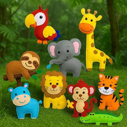 FYXGZZH Kids Beginner Sewing Kit – DIY Stuffed Craft Set with Pre-Cut Felt, Plastic Needle & Embroidery Thread, Educational Arts & Crafts for Boys & Girls Ages 6-12, Jungle Animal