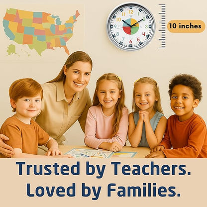 OWLCONIC Non Ticking Analog Clock for Kids Learning to Tell Time, Teaching Clock for Kids Wall, Clocks for Classroom, Homeschool Decor, Bedrooms, Silent, Homeschooling Resource.