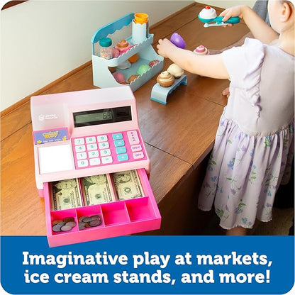 Learning Resources Pretend & Play Calculator Cash Register Pink - 73 Pieces, Ages 3+, Cash Register for Kids, Play Money for Kids, Toddlers Toys, Toy Register, for Kids