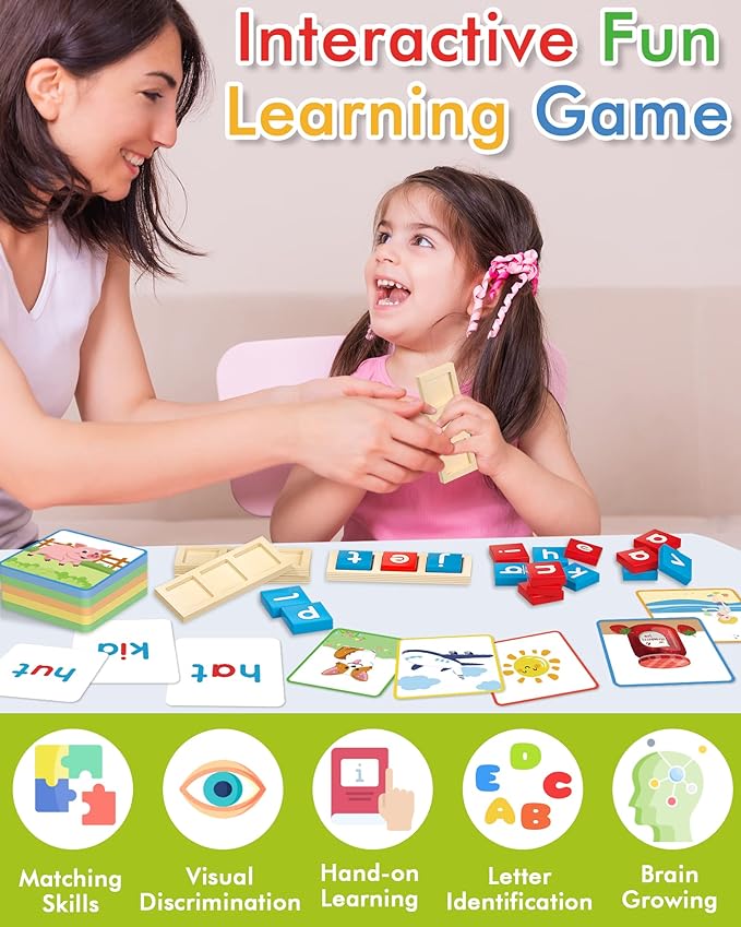 Gojmzo Wooden CVC Word Spelling Games, Preschool Kindergarten Learning Activities, Montessori Educational Toys Gifts for 3 4 5 6 Year Old Kids, Sight Words Flash Cards Reading Letters for Toddlers