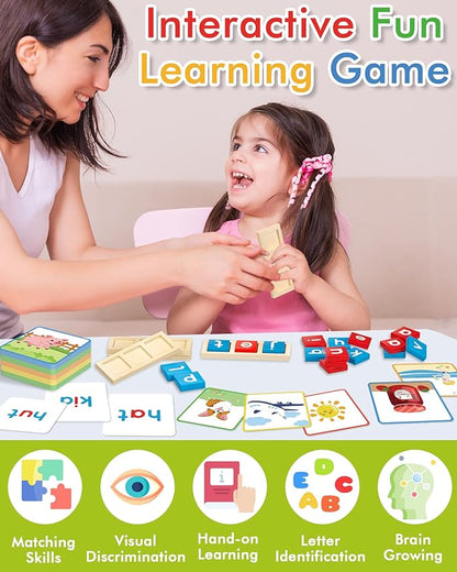 Gojmzo Wooden CVC Word Spelling Games, Preschool Kindergarten Learning Activities, Montessori Educational Toys Gifts for 3 4 5 6 Year Old Kids, Sight Words Flash Cards Reading Letters for Toddlers