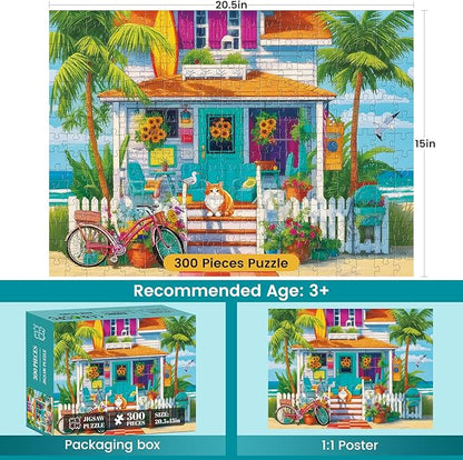 300 Piece Puzzles for Adults,Unique Colorful Beach House Puzzle for Kids Adult Seniors,Cute Kitten Jigsaw Puzzle for Kids Ages 8-10 10-12,Challenging Family Game Gift for Friends Men Women,20.5*15 In