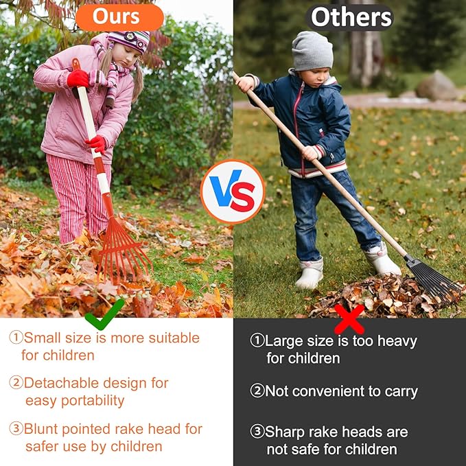 2PCS Kids Rakes for Leaves, 28" Child Size Garden Yard Rake Childrens Lawn Rake Toddler Leaf Rakes Blue Red Metal Head with Detachable Hardwood Handle Great Gardening Tools for Boy Girl