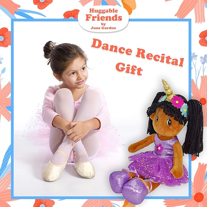 June Garden 14" Ballerina Rag Doll Ella - Plush Soft Doll for Little Girls - Purple Dress