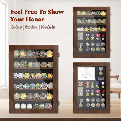 Military Challenge Coin Display Case 6 Rows Wooden Army Coin Holder with HD Tempered Glass Lockable Coin Wall Dsplay Box with Removable Shelves, Walnut
