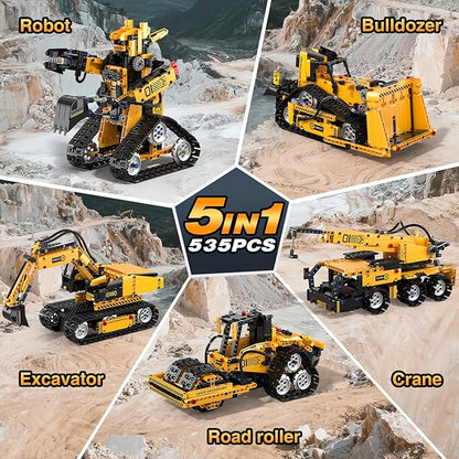 5 in 1 STEM Robot Building Kit, 535 Pcs Remote Control Excavator Science Educational Kit, Technic Coding Robotic Toys Gift for Kids 6 7 8 9 10 11 12+ Years Old Boys Girls