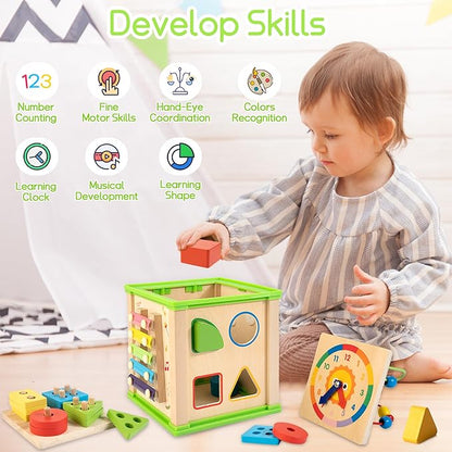Wooden 7-in-1 Activity Cube| Montessori Toys for 1 2 3 Year Old Toddlers| Baby Educational Developmental Toys |One Year Old Boys Girls First Birthday Gifts |Bonus Sorting & Stacking Board