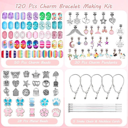 UFU Charm Bracelet Making Kit -120Pcs DIY Jewelry Making Kit, Mermaid Gifts for Girls Toys Crafts for Teen Girls Ages 5 6 7 8-12, with Portable Bracelet Organizer Box