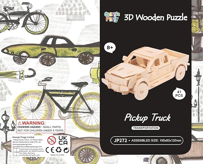 Georgie Porgy 2 Packs 3D Wooden Jigsaw Puzzle Set for Kids, Wooden Car Brain Teaser Puzzles Woodcraft Construction DIY Kits for Birthday STEM Gifts Educational Toys for Boys Girls (Car Pickup)