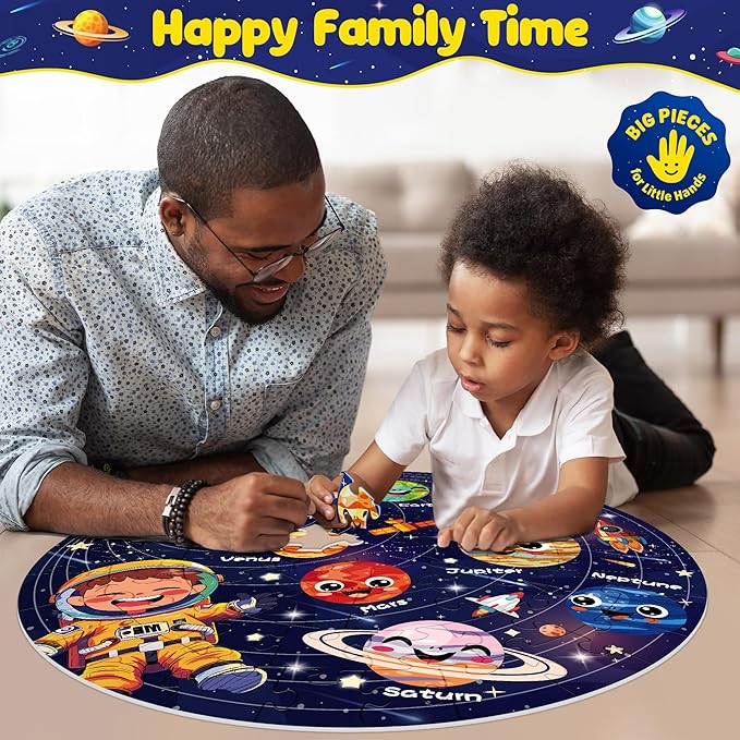ZIZZ Puzzle for Kids Ages 4-6: Glow in The Dark Solar System Jigsaw Puzzles 70 Piece Space Planets Large Floor Puzzle for Kids 3-10 Years Old Educational Toy Gift for Boys Girls Birthday Christmas