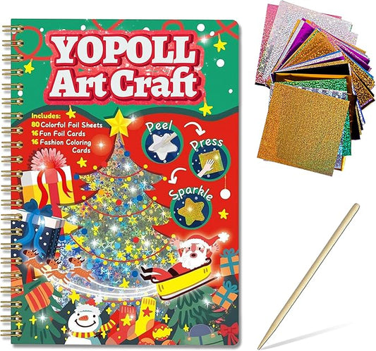 Fun & Mess-Free Foil Art Kit for Kids – 80 Foil Sheets & 32 Art Cards, No Glue Needed, Creative Craft Gift for Christmas Halloween Holiday Birthday（Christmas Version）