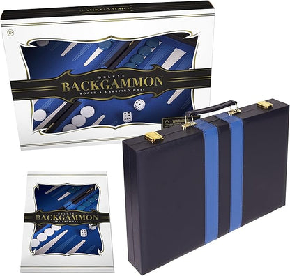 Classic 18-Inch Backgammon Set – Premium Folding Board Game with Leatherette Case, Felt Surface & Complete Accessories – Blue – for Adults & Kids