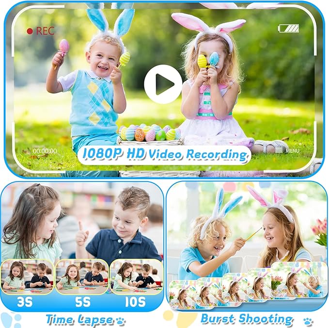 Kids Camera with Rotating Zoom Lens, 3.5” Large Screen, 1080P Kids Digital Camera with Flash,Selfie, 32GB Card, Toddler Toy Camera Christmas Birthday Gifts for Boys Girls 3-12 Years Old-Blue