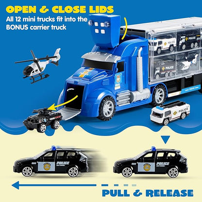 JOYIN 25 in 1 Police Rescue Truck Car Toy Set with Sounds and Lights, Mini Vehicles in Carrier Truck, Play Police Patrol Rescue Vehicle Toy, Christmas Birthday Gifts for Over 3 Years Old Boys