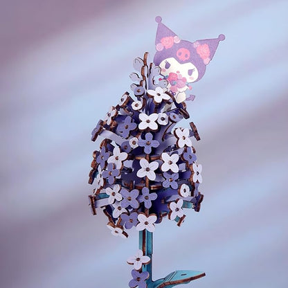 Hands Craft Lilac Hello Kitty and Friends Kuromi 3D Wooden Puzzle Kit | DIY Flower Model | Arts & Crafts for Adults & Kids | Creative Hobby Kits | Kuromi Character | Wood Building Set | Fun Gift