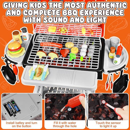 2025 Kids Kitchen Playset Toy Grill BBQ with Smoke Light Pretend Play Food Toys Cooking Set 2-Layer Barbecue Gifts for Toddler Boys Girls 3-5 6 7