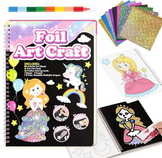 3 otters Foil Art Fun, Princess Arts and Crafts for Kids DIY Creative Travel Toy Birthday Gifts for Girls 4 5 6 7 8