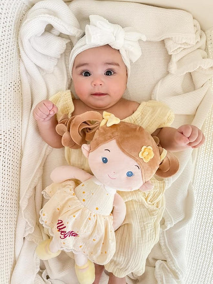 LeyaDoll Personalized Soft Baby Doll Toys (16''), My First Baby Rag Doll for 1 Year-Old Girl Birthday Gift, Christmas Plush Toys Gift for Toddler Kids Infants-Daydream Daisy Girl-Yellow