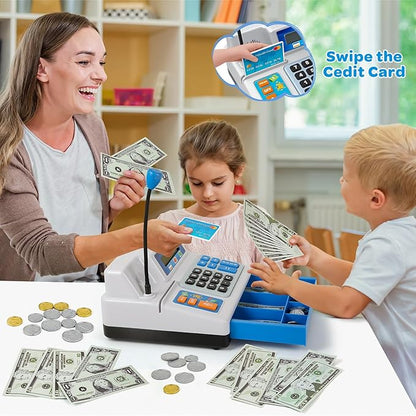Calculator Cash Register Toy Gift for Kids Age 3, 4, 5, 6, 7, 8+ Year Old, 120 Pcs Grocery Store Playset with Toy Cash, Grocery BoxesCredit Card, Microphone, Grey Play Cash Register for Toddlers 4-8