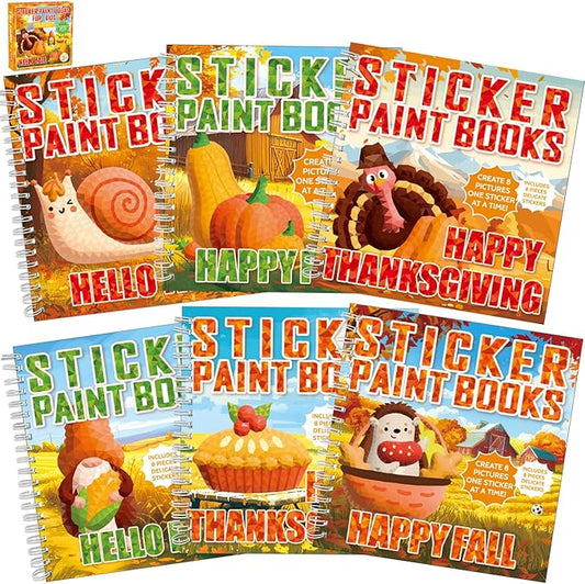 6PCS Thanksgiving Paint by Sticker Books Crafts for Kids Ages 4-8 Fall Activity Books with Turkey Pumpkin 48 Pictures