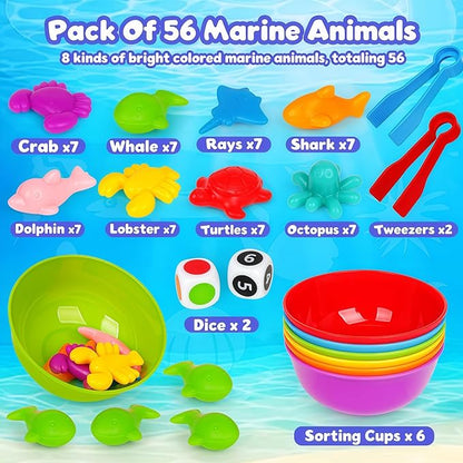 Sorting Colors Sea Animals Counting Toys with Matching Sorting Cups and Game Dices, Color Classification and Sensory Training Preschool Educational Learning Toys for Toddlers Kids Girls Boys Ages 3+