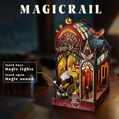 LED Book Nook Kit for Adults – DIY Miniature House Kit, Wooden Dollhouse Kit, Booknook Craft Kits, Library Bookshelf Decor, 3D Puzzles for Adults, Book Lovers Gifts, Magic Station
