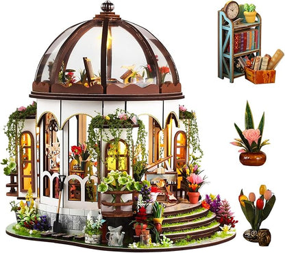 DIY Miniature Garden Dollhouse Kit - 1:24 Scale Wooden Flower Greenhouse Room Craft with Furniture for Book Nook Decor - Present for Women, Girls, and Boy (Round Garden)