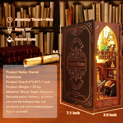 Book Nook Kit, DIY Dollhouse Booknook Bookshelf Insert Decor Alley, DIY Book Nook Miniature Kit with Lights, 3D Wooden Puzzle Decorative Bookend Miniature Model Kits for Kids/Adults