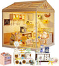 DIY Miniature House Kit Plastic House Building Toy Set with Roof & 2 Doors, Mini Dollhouse Kit with LED for Mini Figures Construction Toys Diorama Kit Gifts for Teens Adults (Happy Cat Pet)