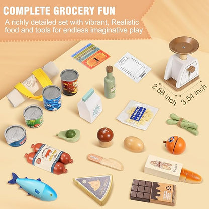 Wooden Play Food Set for Kids Toddlers, Grocery Store Pretend Play Food, Pretend Grocery Shopping & Play Kitchen Accessories for Boys Girls