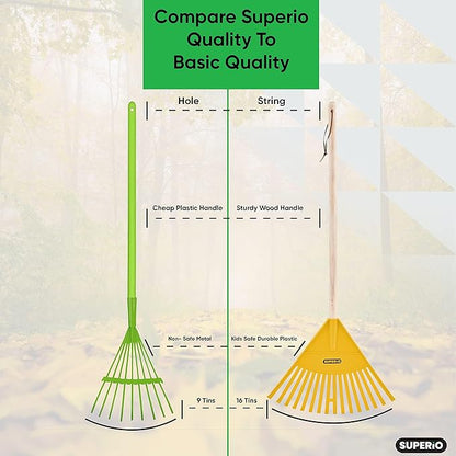 Pack of 2 Kids Rake with Hardwood Handle, Durable Plastic Head to Sweep Leaves in Lawn and Tidying Up The Garden, 34" (Yellow)