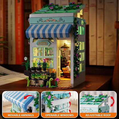Flower House Building Set with LED Light, 1077 PCS Greenhouse Model Building Toy with Flowers Potted Plants, Garden House Book Nook Home Decor Birthday Gift for Adults Teens Girls Age 8-12