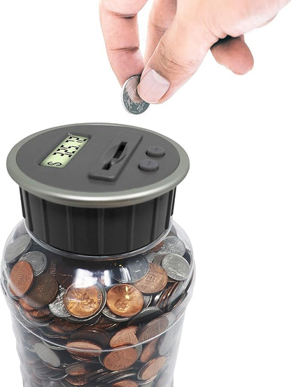 Teacher's Choice Digital Coin Bank, Savings Jar, and Piggy Bank | Automatic Coin Counter Totals All U.S. Coins Including Dollars and Half Dollars - Original Style, Clear Jar w/Grey Lid