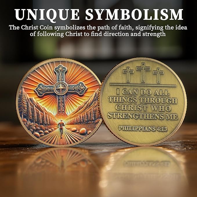 5 Pcs Philippians 4:13 Christian Challenge Coin – Path of Faith Religious Token with Bible Verse – I Can Do All Things Through Christ – Inspirational Gift for Men & Women
