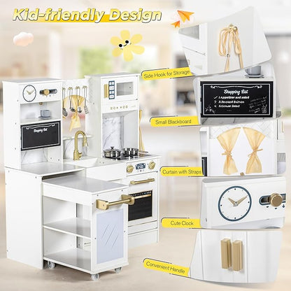 Kids Play Kitchen with Removable Cart, Wooden Toddler Kitchen Playset with Oven, Stove, Sink, Coffee Maker, Pretend Play Toy Kitchen Set for Children Boys Girls Ages 3