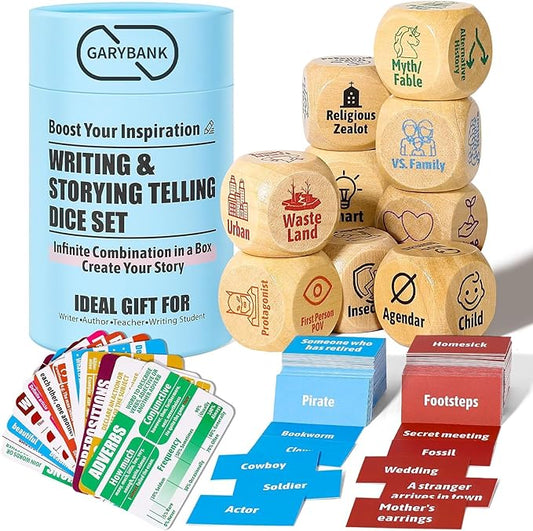 Garybank Inspiration Writing Prompt Dice - W/13 Writing Skill Cards and 200 Character & Event Cards - Storytelling Game for Kids, Writer & Teachers - Creation Set of 9 Story Cubes - Gifts for Writers