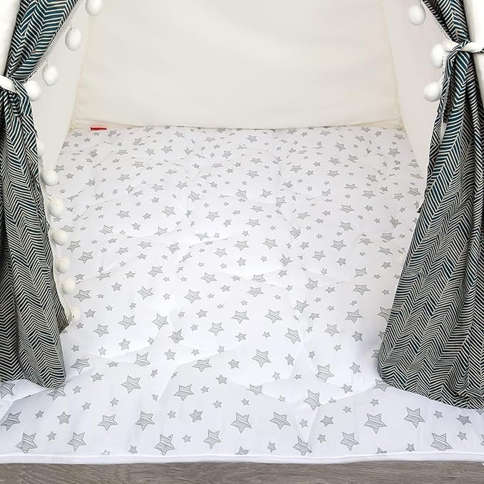 Mat of Teepee Tent for Kids, Toddler Teepee Mat Cushion, Anti Slip Bottom Square Padded Mat 43''x 43'' Kids Teepee Mat for Boys and Girls, Toddler Teepee Quilted Mat, White Star