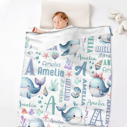 Personalized Baby Blanket for Girls Boys Kids Whales Custom Baby Blanket with Name Throw Birthday Gift for Toddlers Infants Shower Newborns Nursery Stroller Crib Bed Decor