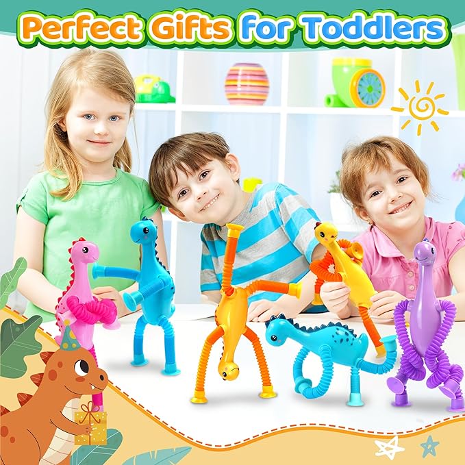 4Pcs Dinosaur Stocking Stuffers Airplane Travel Toys for Toddlers Kid Boys Girls Year Old Age 3+ Sensory Suction Tube ADHD Autism Road Trip Car Activities Essential Pop Fidget Toys Autistic Kid Gift
